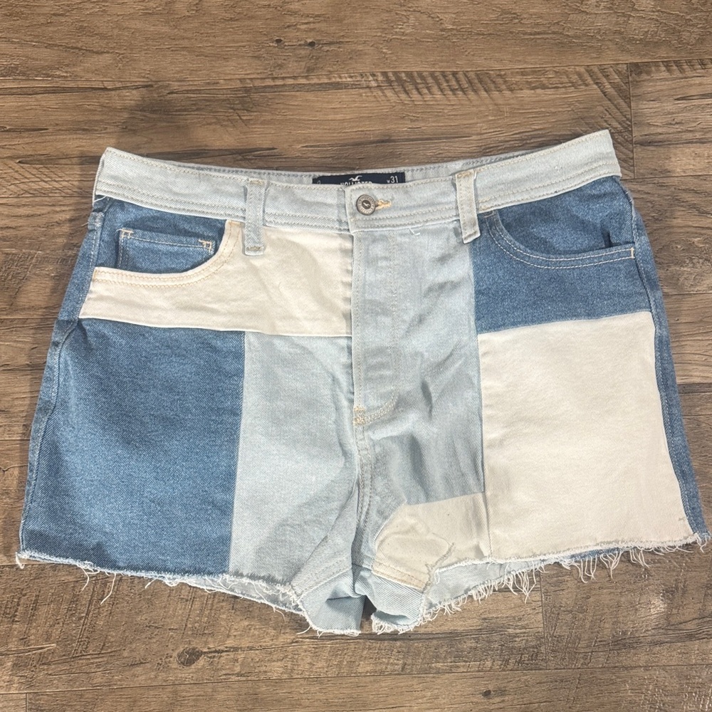 Hollister Blue and White Patchwork Jean Shorts - Size 31